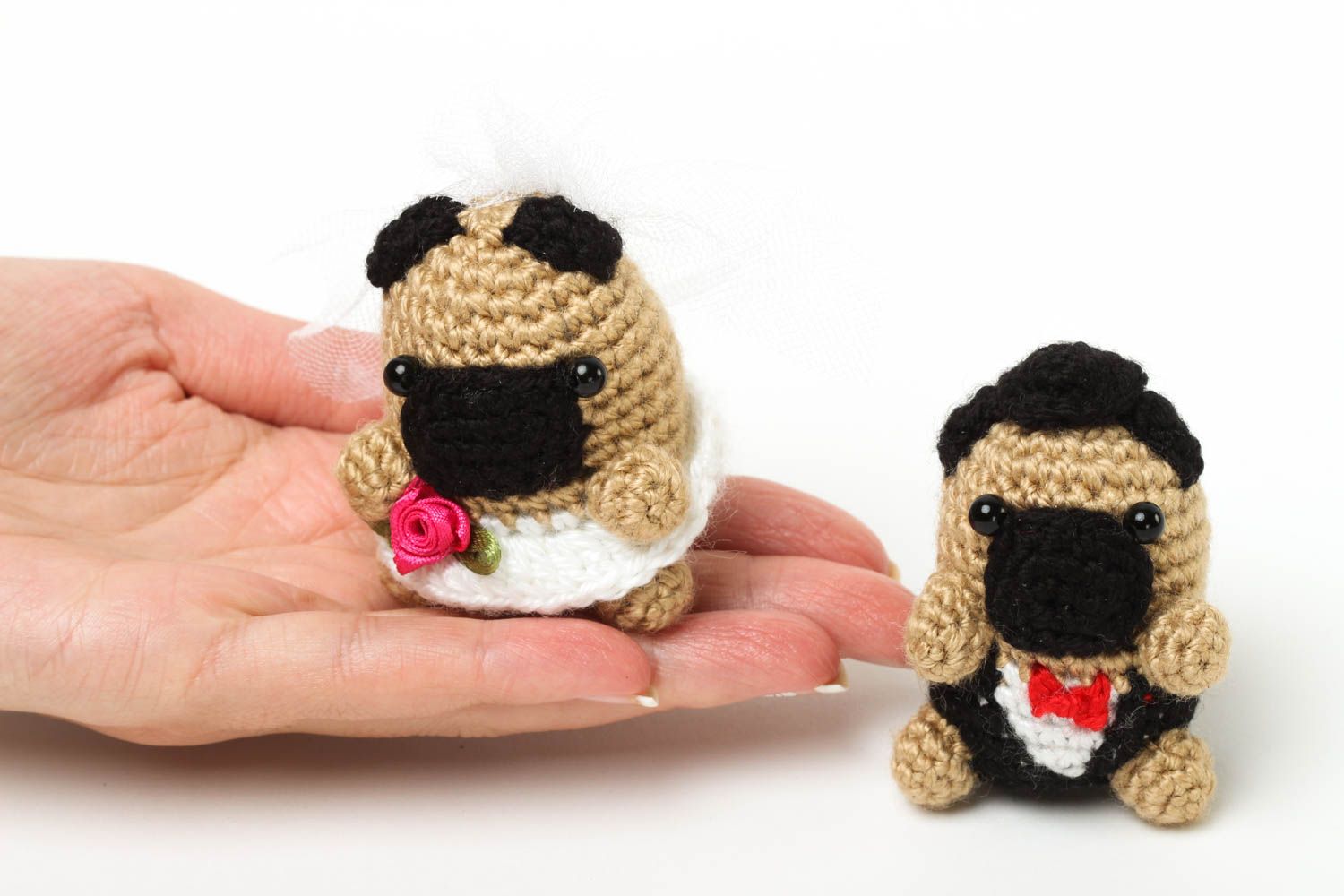 Set of two knitted stuffed pugs. Boy and girl photo 5