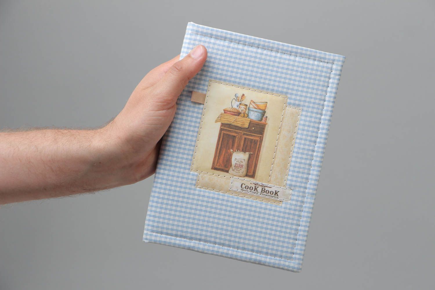 Handgemachtes Notizbuch für Rezepte mit Stoffumschlag blau kariert stilvoll foto 5