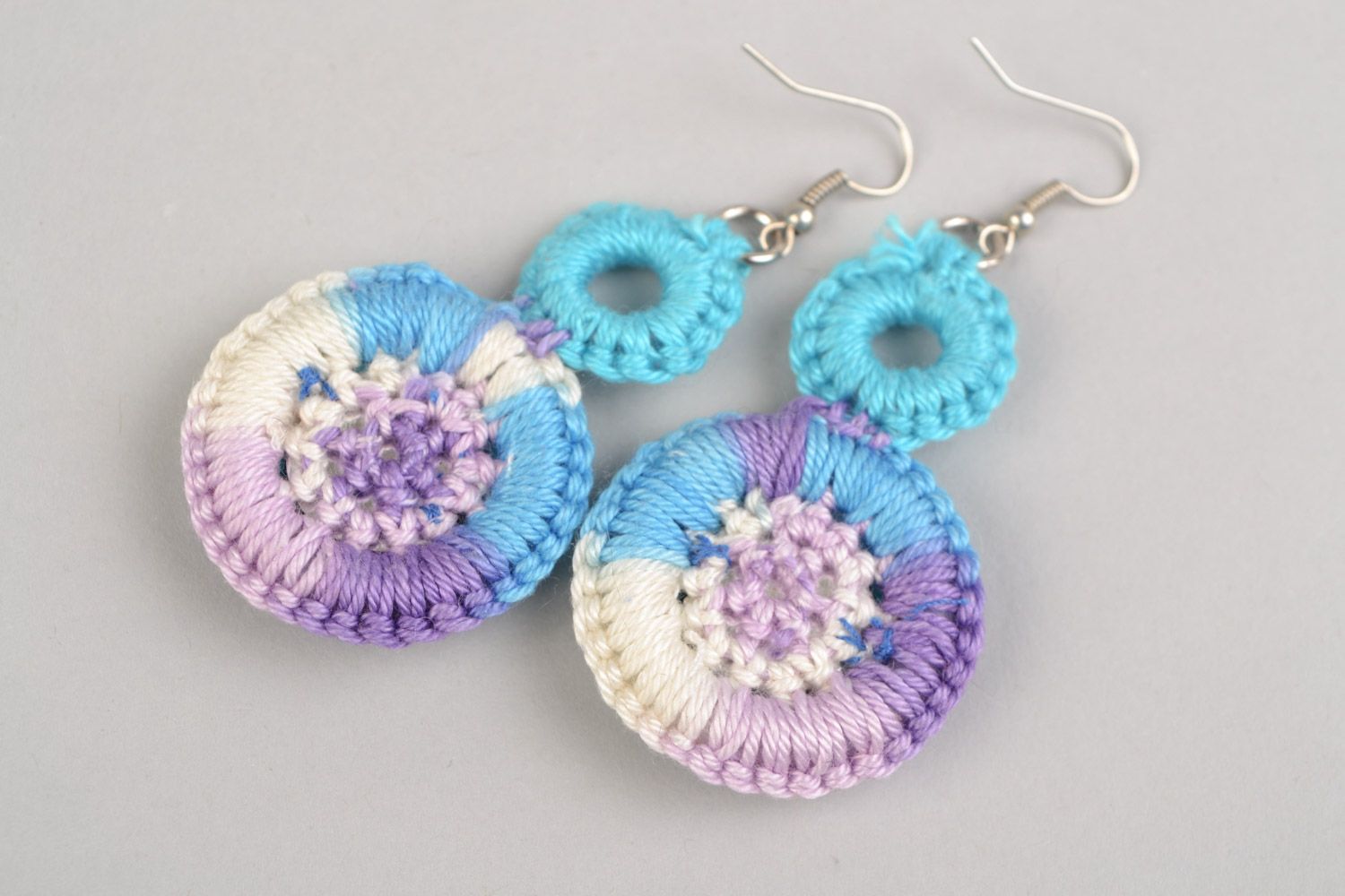 Handmade earrings woven of cotton threads with cabochon in blue color shades photo 4