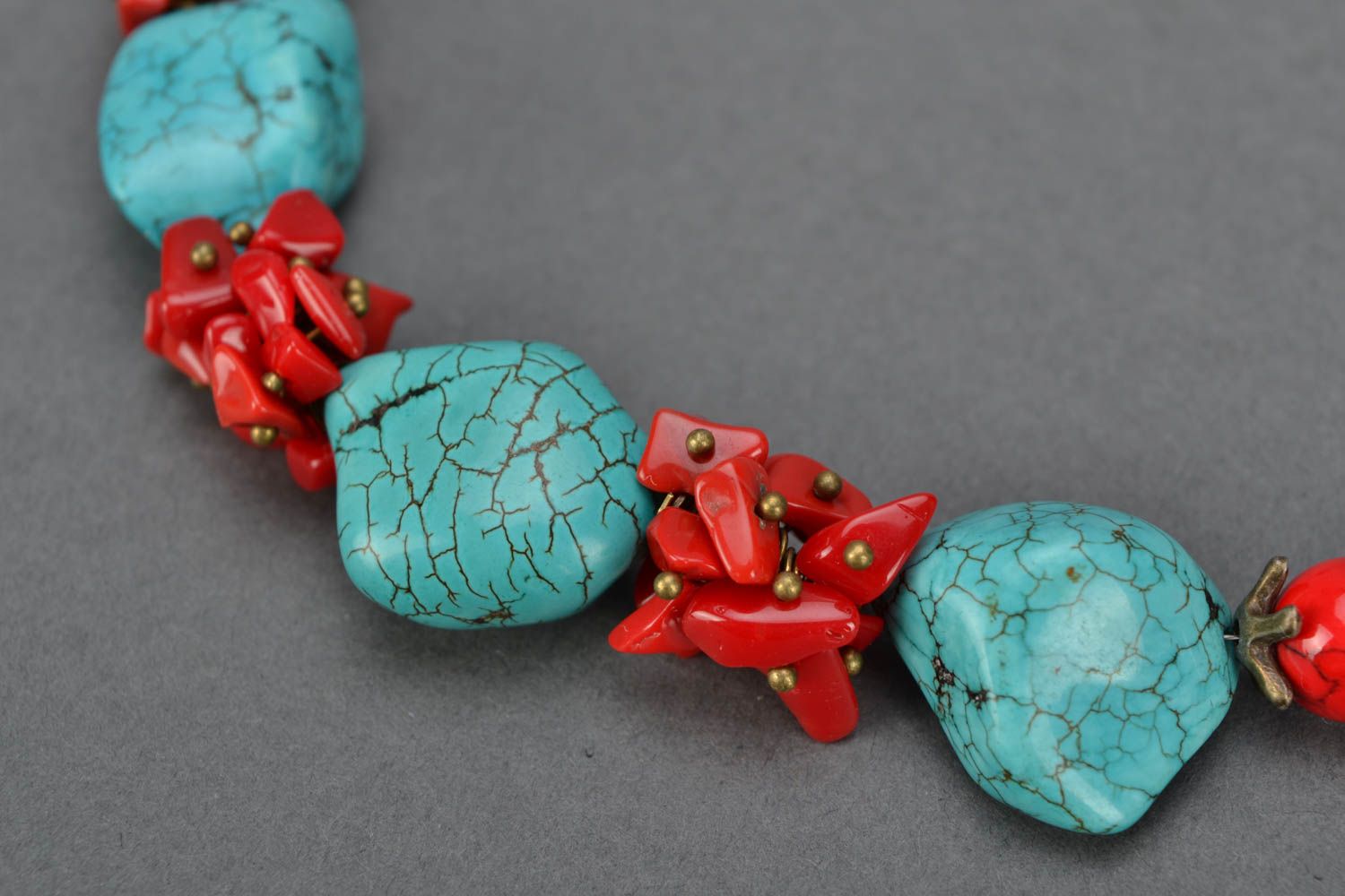 Natural stone necklace of red and turquoise colors photo 4