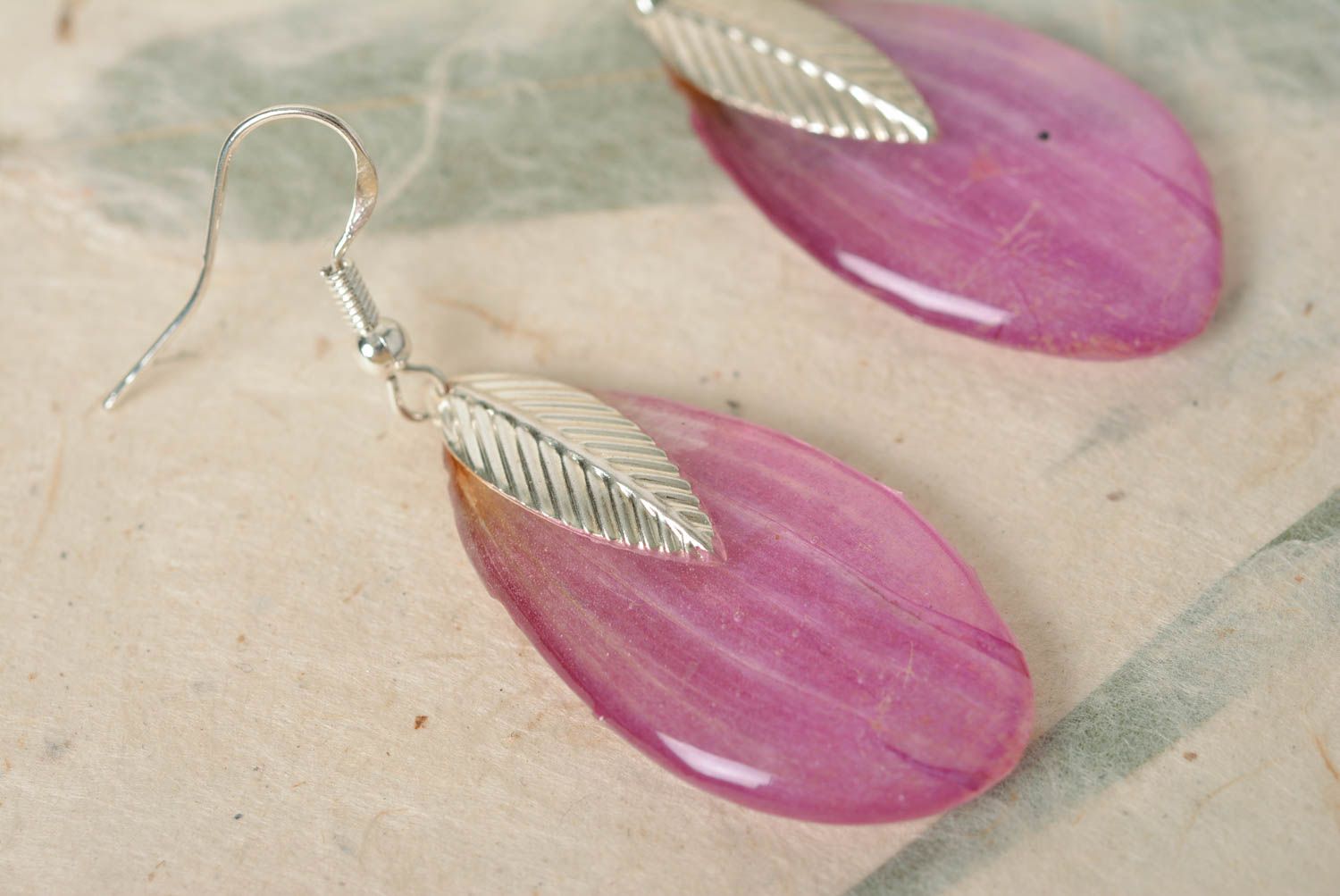 Beautiful handmade pink botanical earrings with epoxy coating silver photo 3