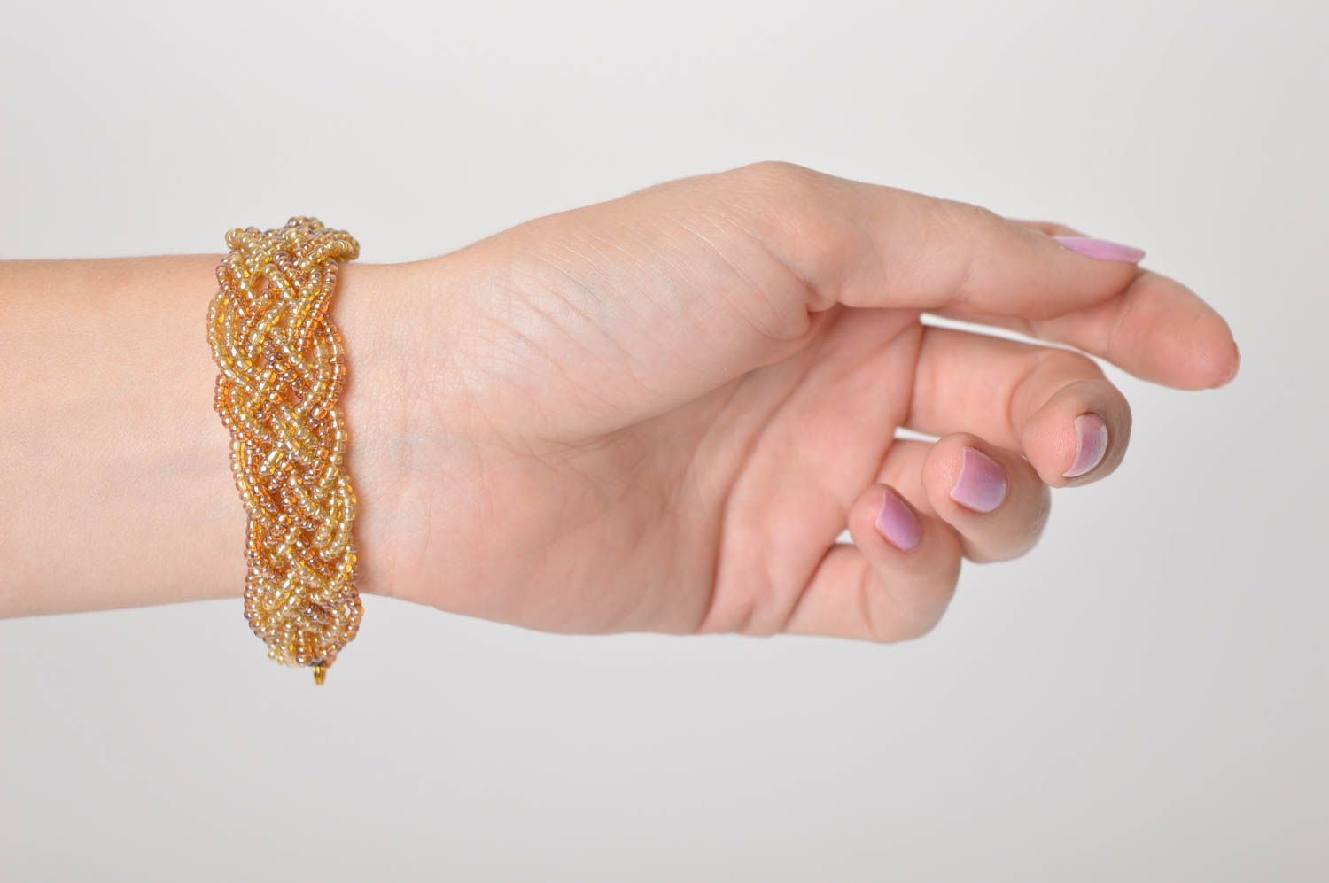 Caramel, vanilla color handmade beaded adjustable bracelet for women photo 2