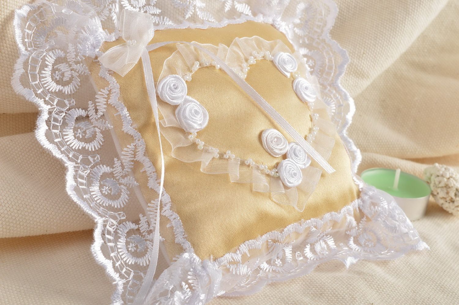 Beautiful beige handmade designer satin ring bearer pillow with lace photo 1