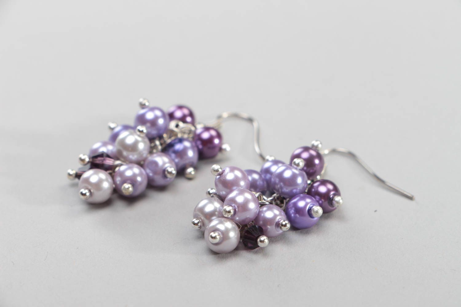 Handmade designer earring accessory made of ceramic pearls lilac jewelry photo 3