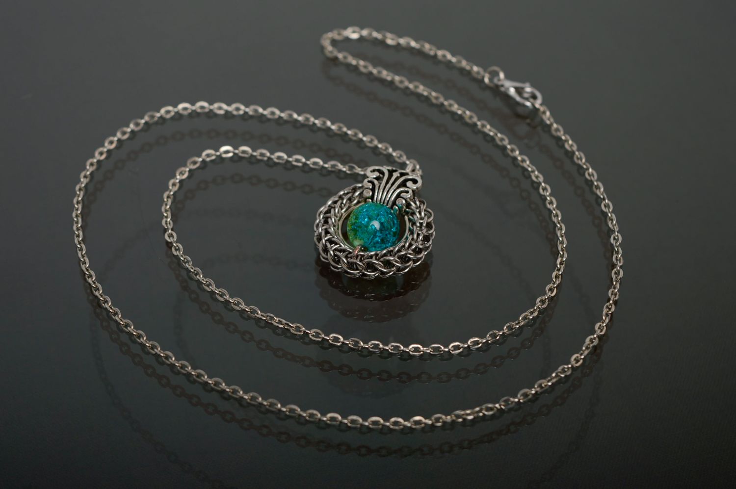 Steel pendant with Czech bead made using chain armor weaving technique photo 2