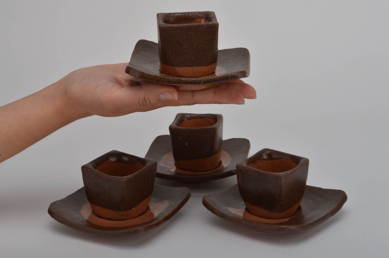 Set of 4 four clay coffee cups for espresso with saucers 2,16 lb photo 3