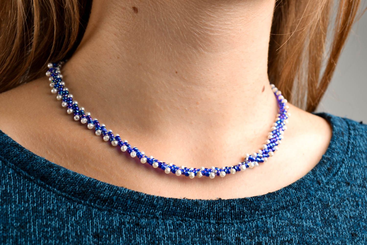 Rocailles Kette handmade Damen Collier Halskette Damen Halskette Frauen blau  foto 1
