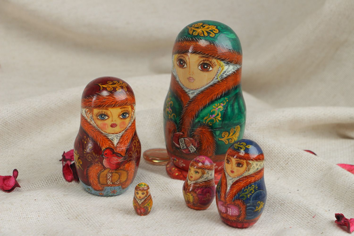 Handmade colorful painted wooden nesting doll matryoshka with five elements photo 5