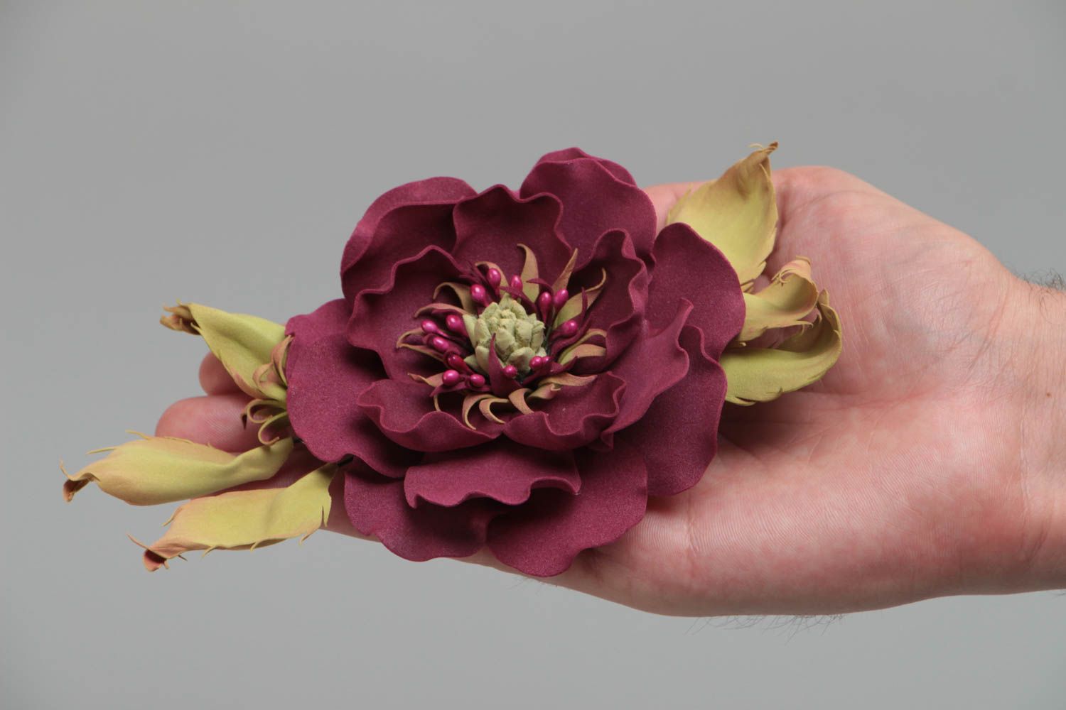 Broche barrette en foamiran grande faite main originale Fleur Bordeaux photo 5