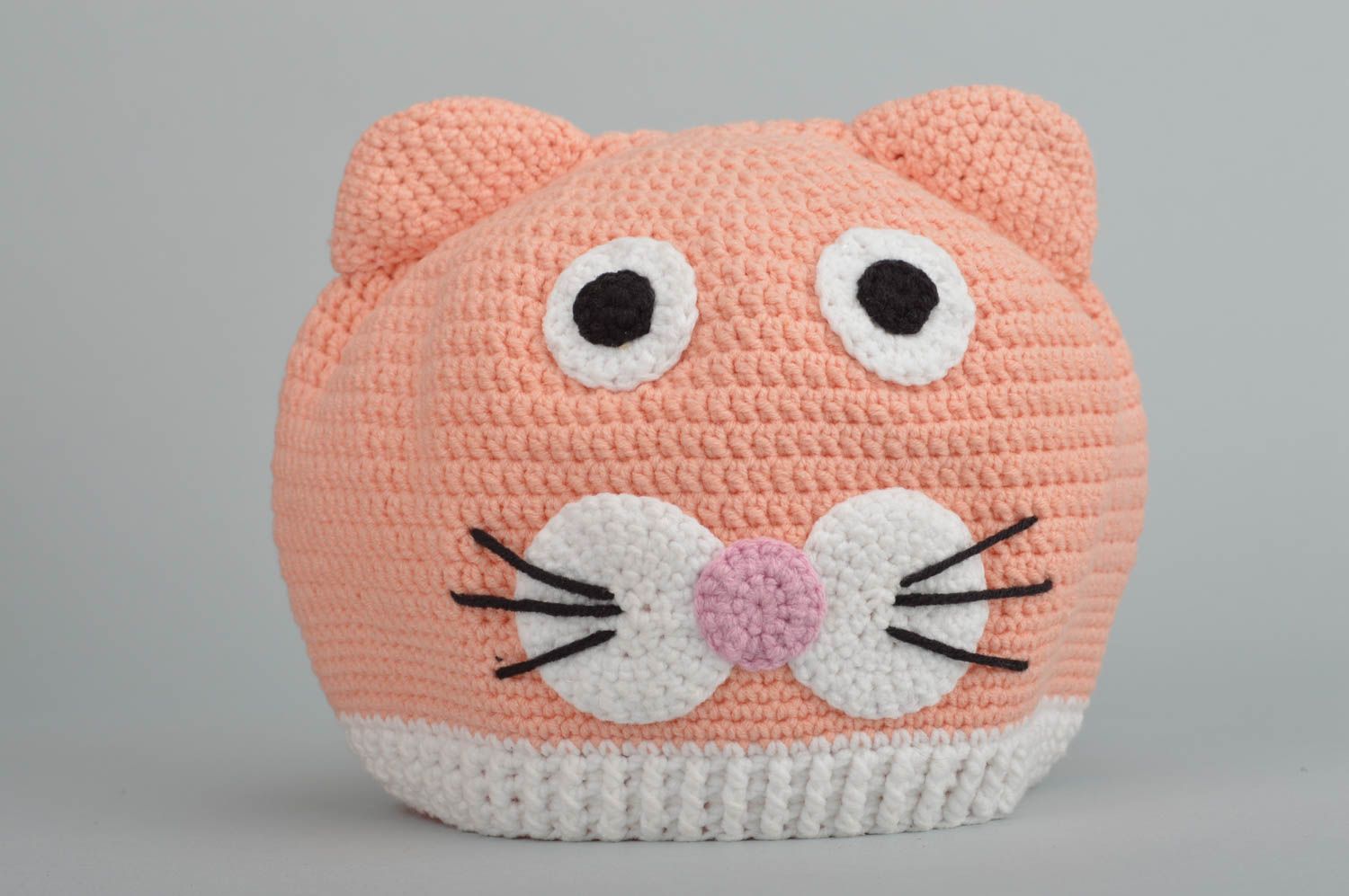 Handmade funny baby's hat crocheted of cotton and woolen threads pink cat photo 2