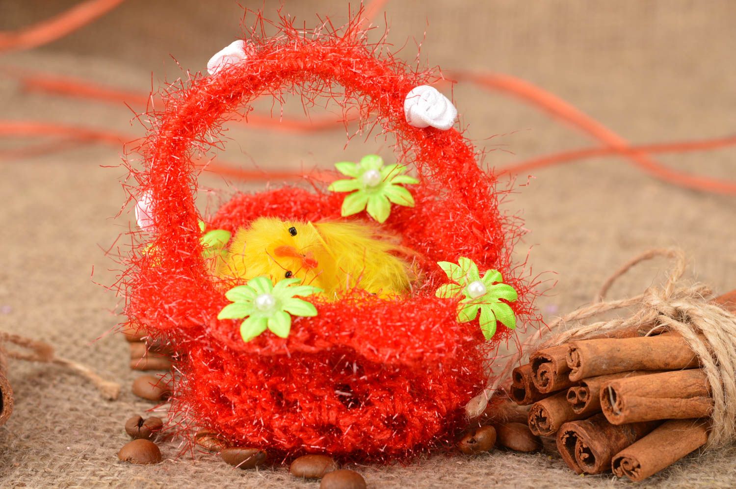 Handmade Easter decoration for home red acrylic toy basket with chickens  photo 1