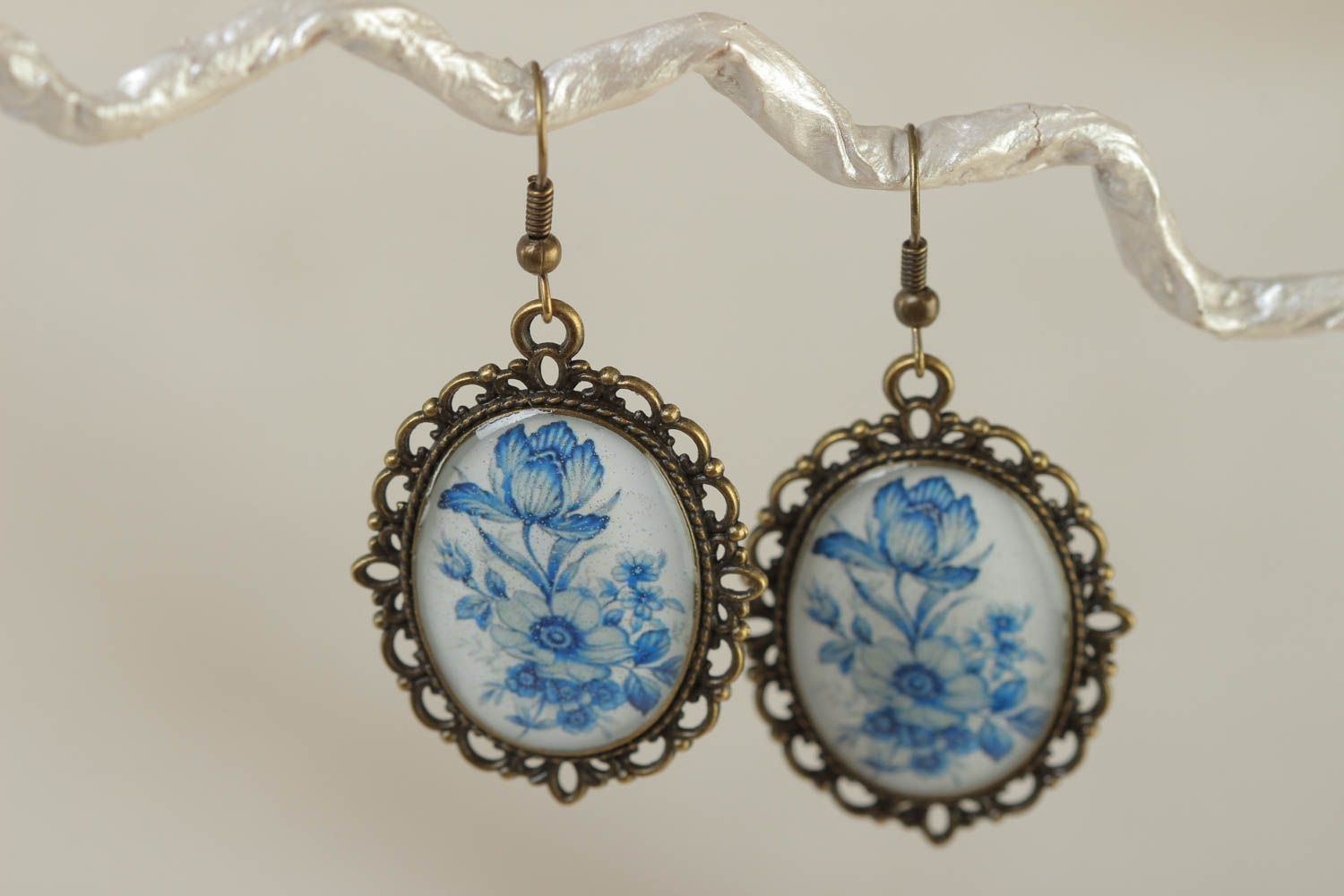 Light handmade glass glaze oval earrings with metal lace fittings photo 1