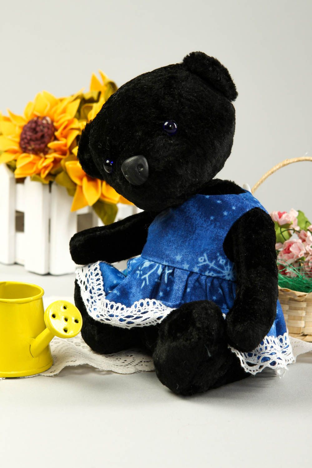 Handmade Plüsch Bär im blauen Kleid Stoff Spielzeug Geschenk für Kinder foto 1