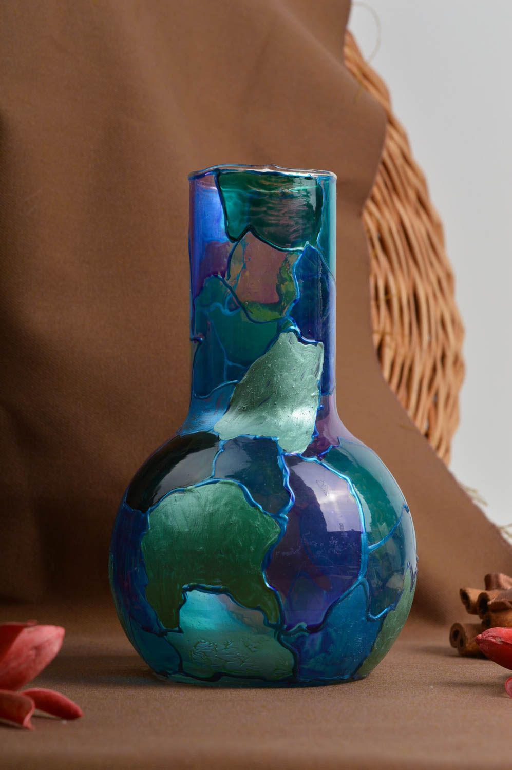 7 inches flask shape green&blue hand-painted vase 0,36 lb photo 1