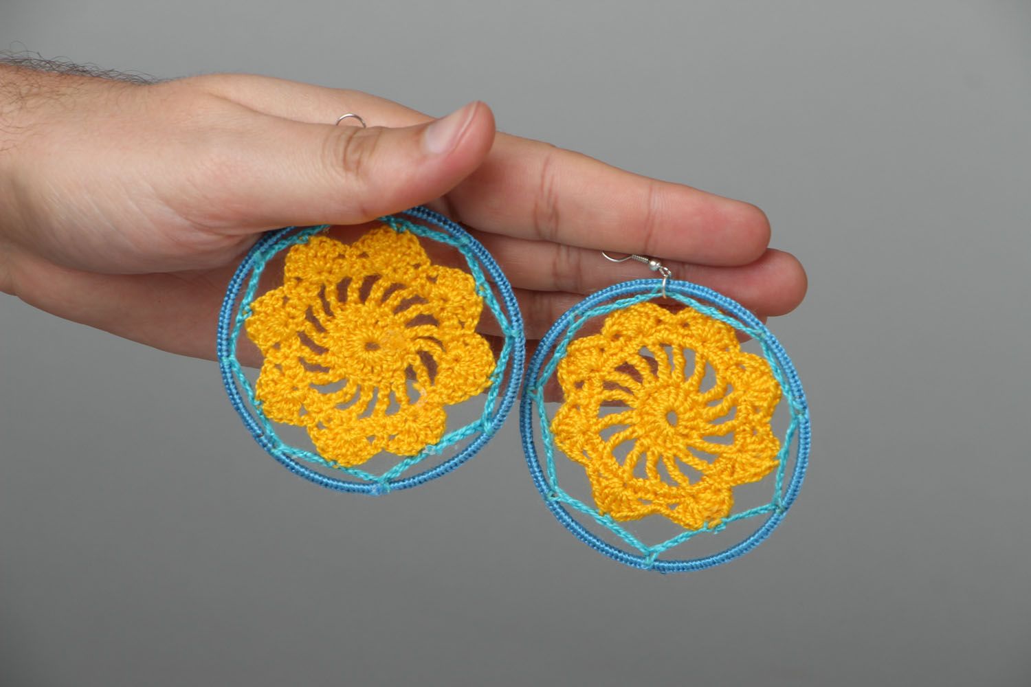 Round crochet earrings Blue and Yellow photo 3