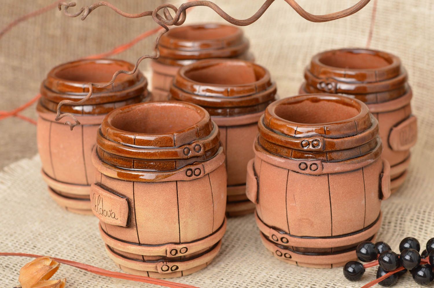 Set of 6 six red clay glazed 3 oz drinking cups with no handle in the design of the wooden barrel photo 1