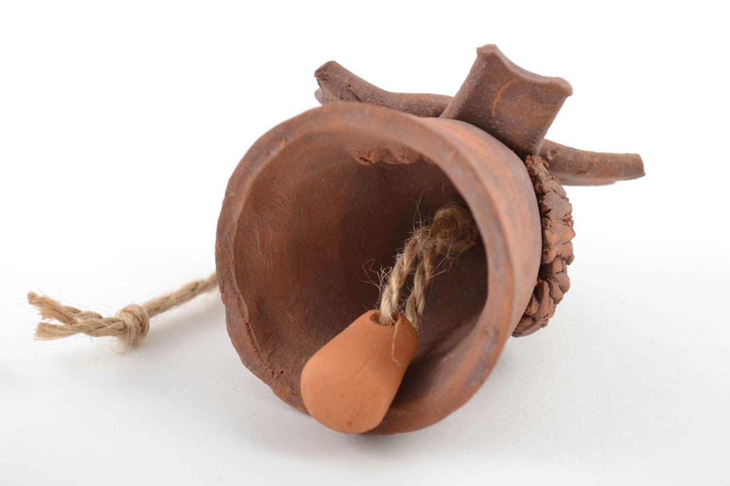 Handmade bell made of red clay brown unusual with eyelet photo 3