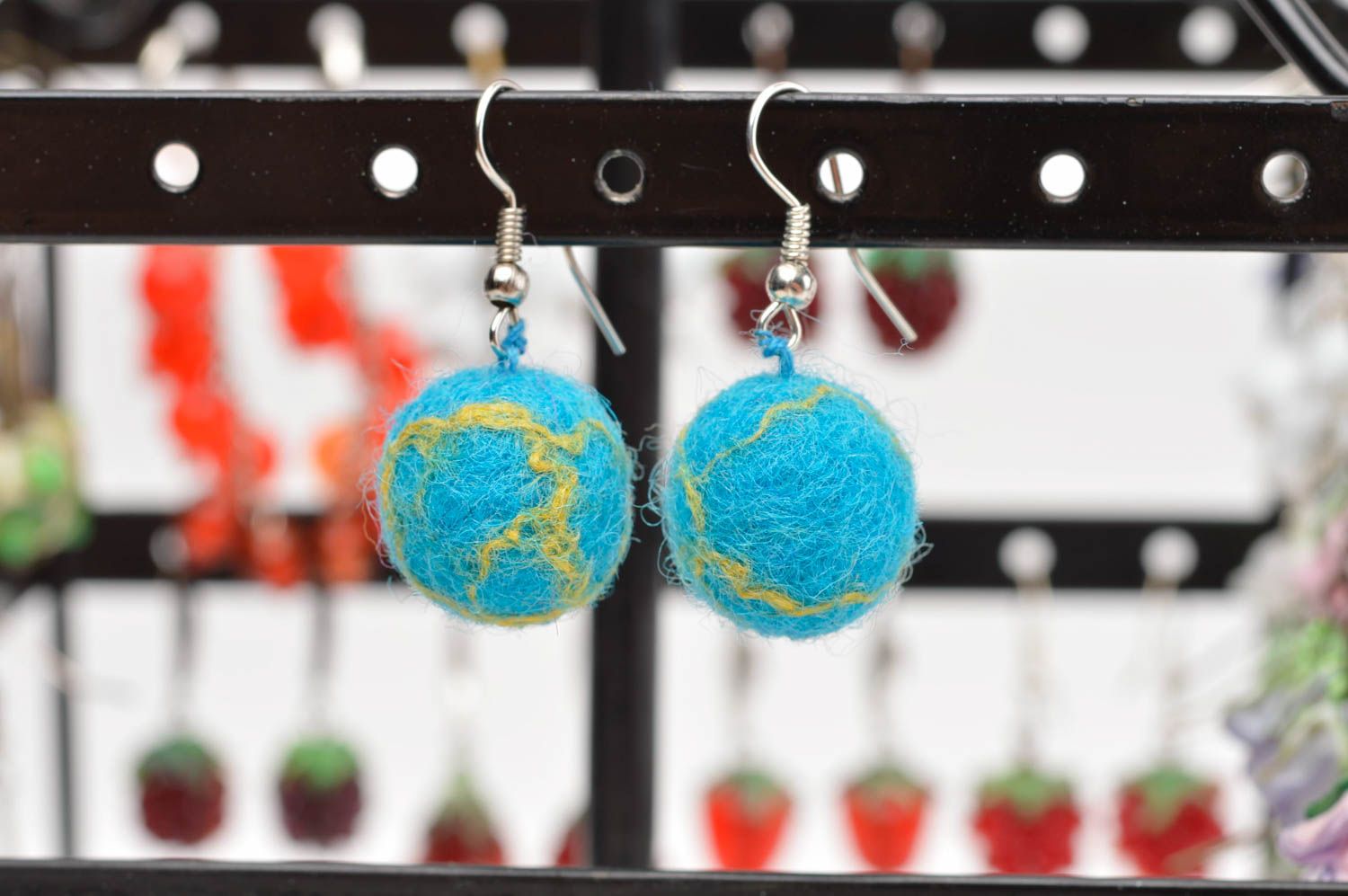 Handmade designer blue earrings cute earrings made of wool cute accessory photo 1