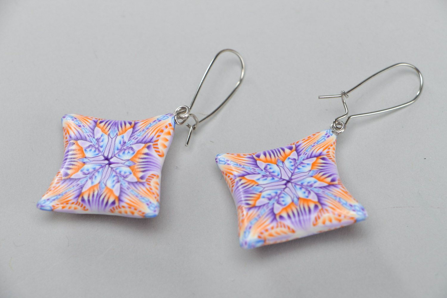Handmade polymer clay dangling earrings of square shape in pink color palette photo 4