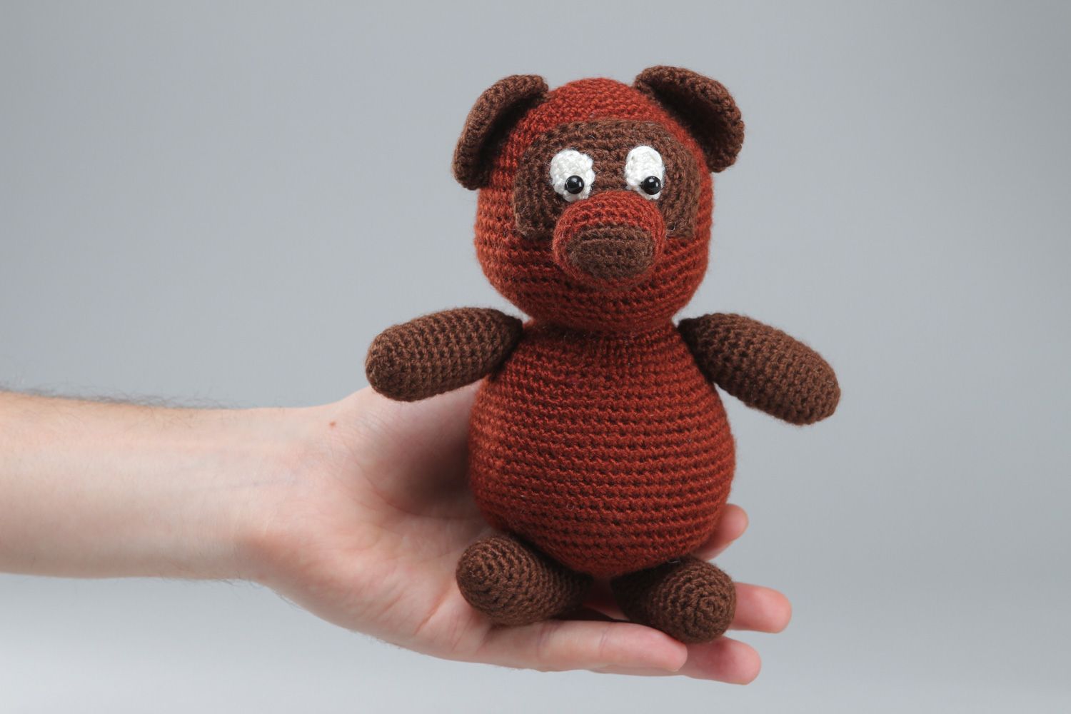 Cute handmade soft toy bear crocheted of brown acrylic threads for children photo 4