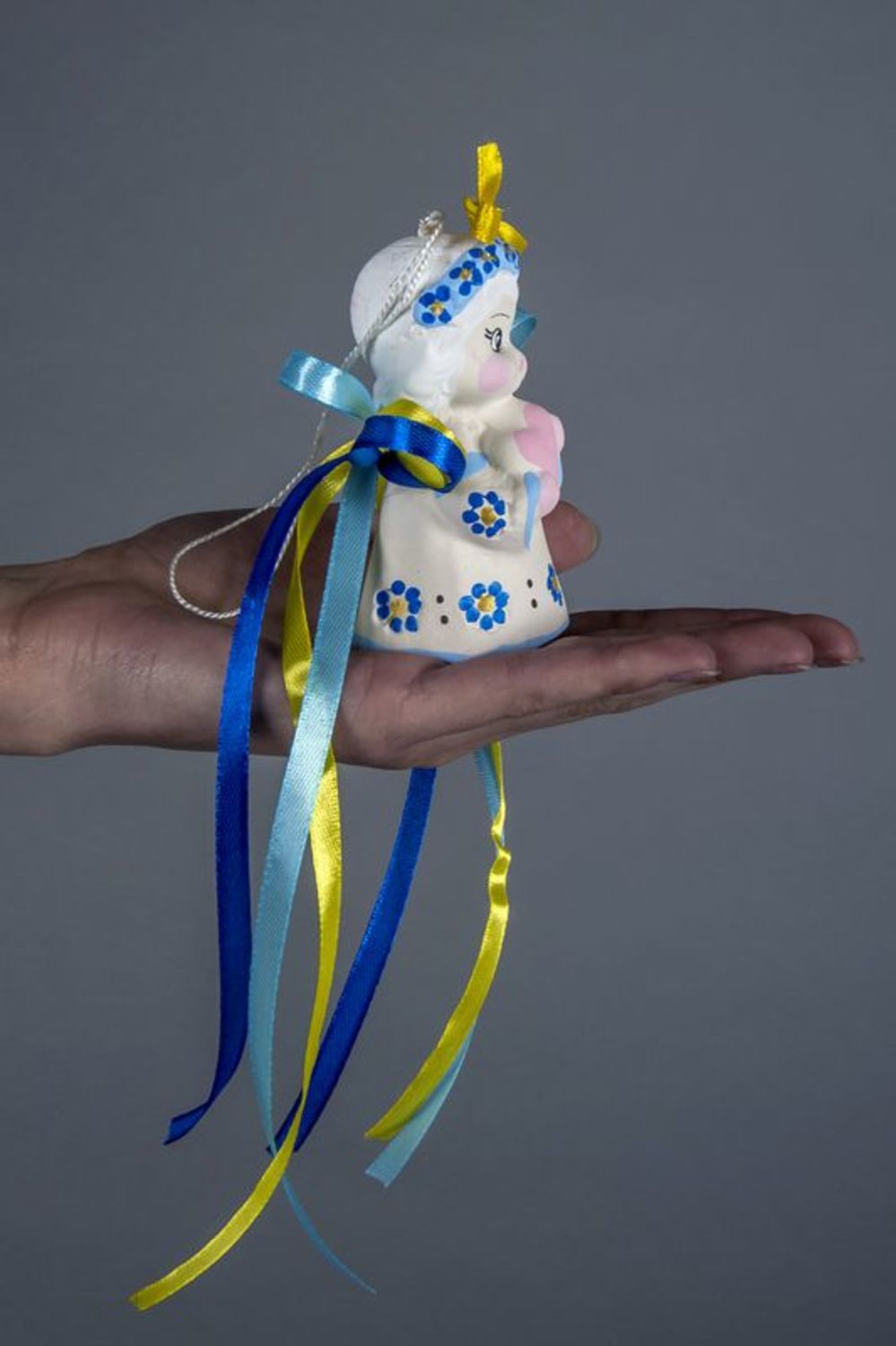 Cloche faite main en céramique bleu avec jaune photo 3