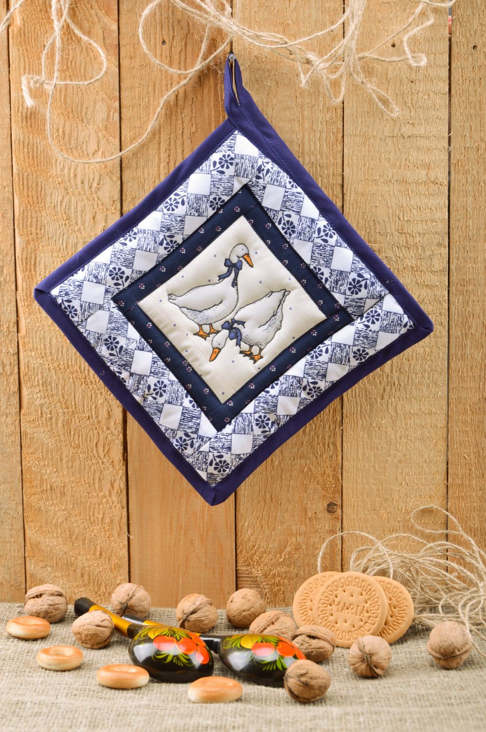 Cute handmade kitchen hot pot holder sewn of cotton and filler with eyelet Geese photo 1