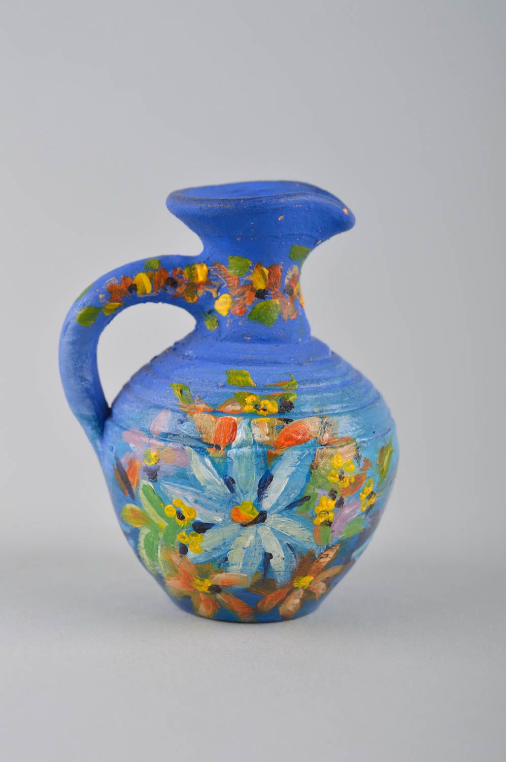 Cruche à l'eau Vaisselle miniature fait main bleue à fleurs Figurine céramique photo 3