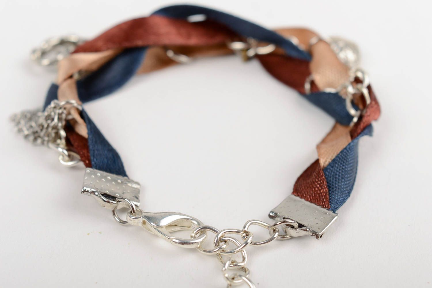 Beautiful women's handmade metal chain bracelet with satin ribbons photo 4