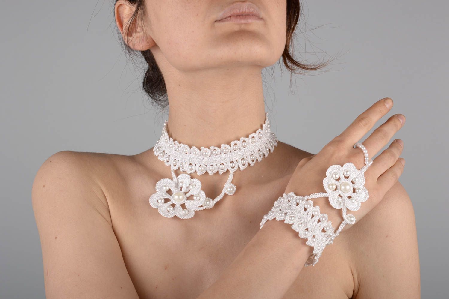 Handmade jewelry set crochet necklace 2 crochet bracelets wedding accessories photo 5