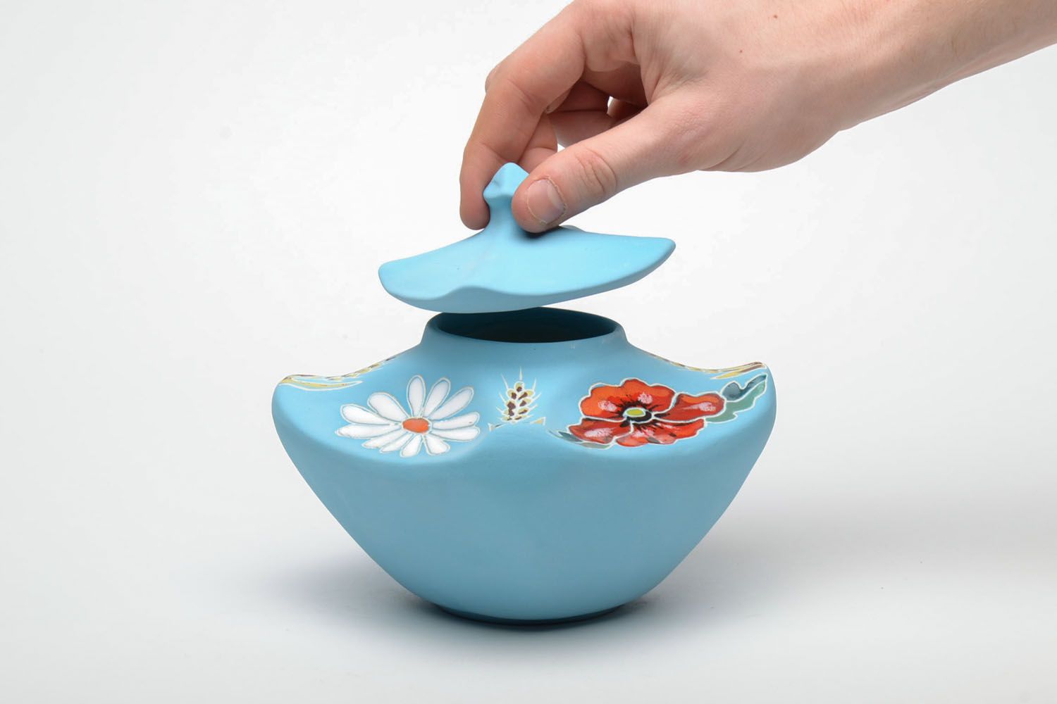 Blue ceramic sugar bowl with painting photo 5