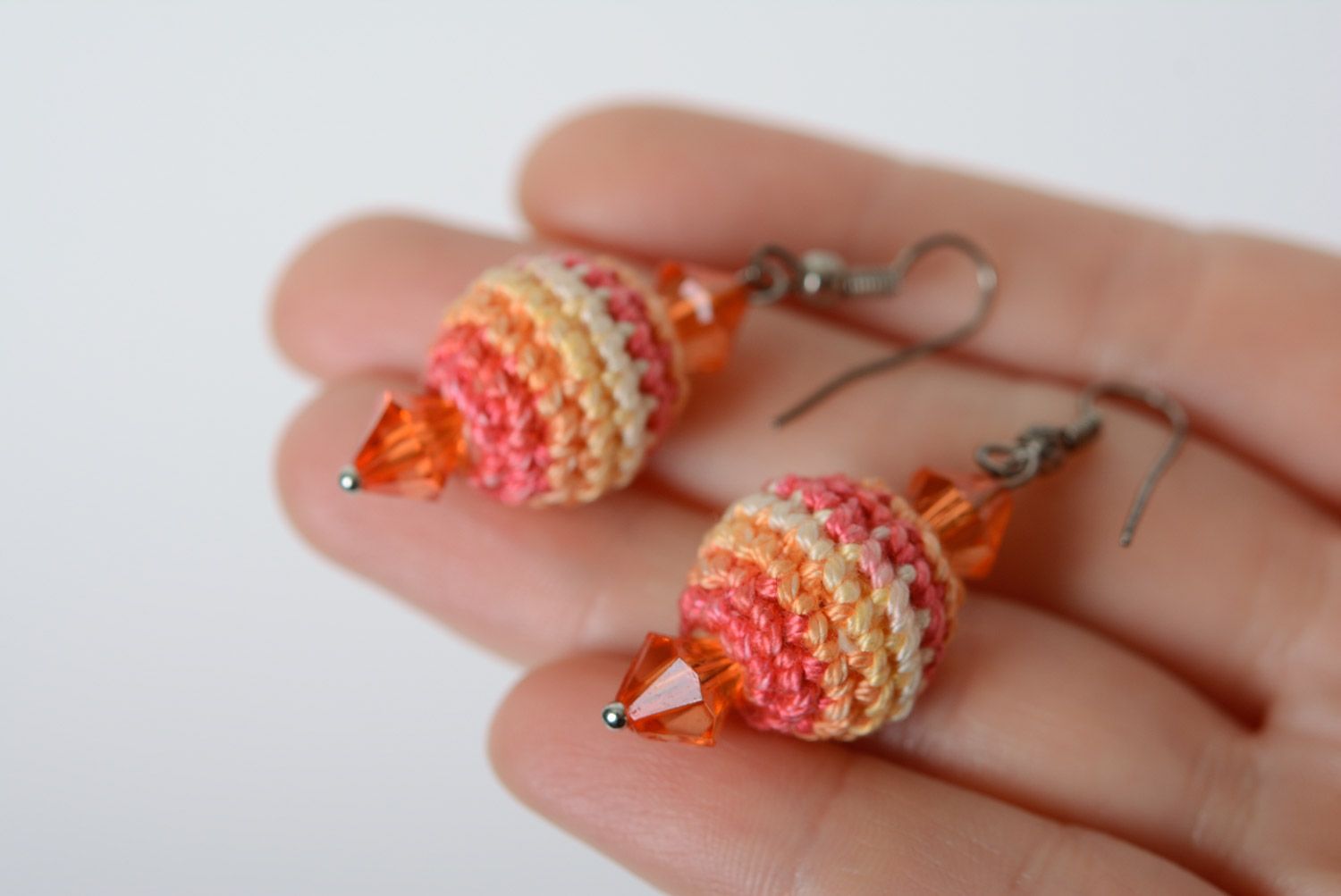 Handmade round dangle earrings crocheted of cotton threads in pink color palette photo 5