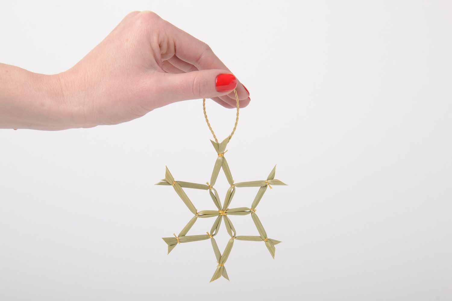 Handmade small Christmas tree ornament woven of straw in the shape of snowflake photo 5