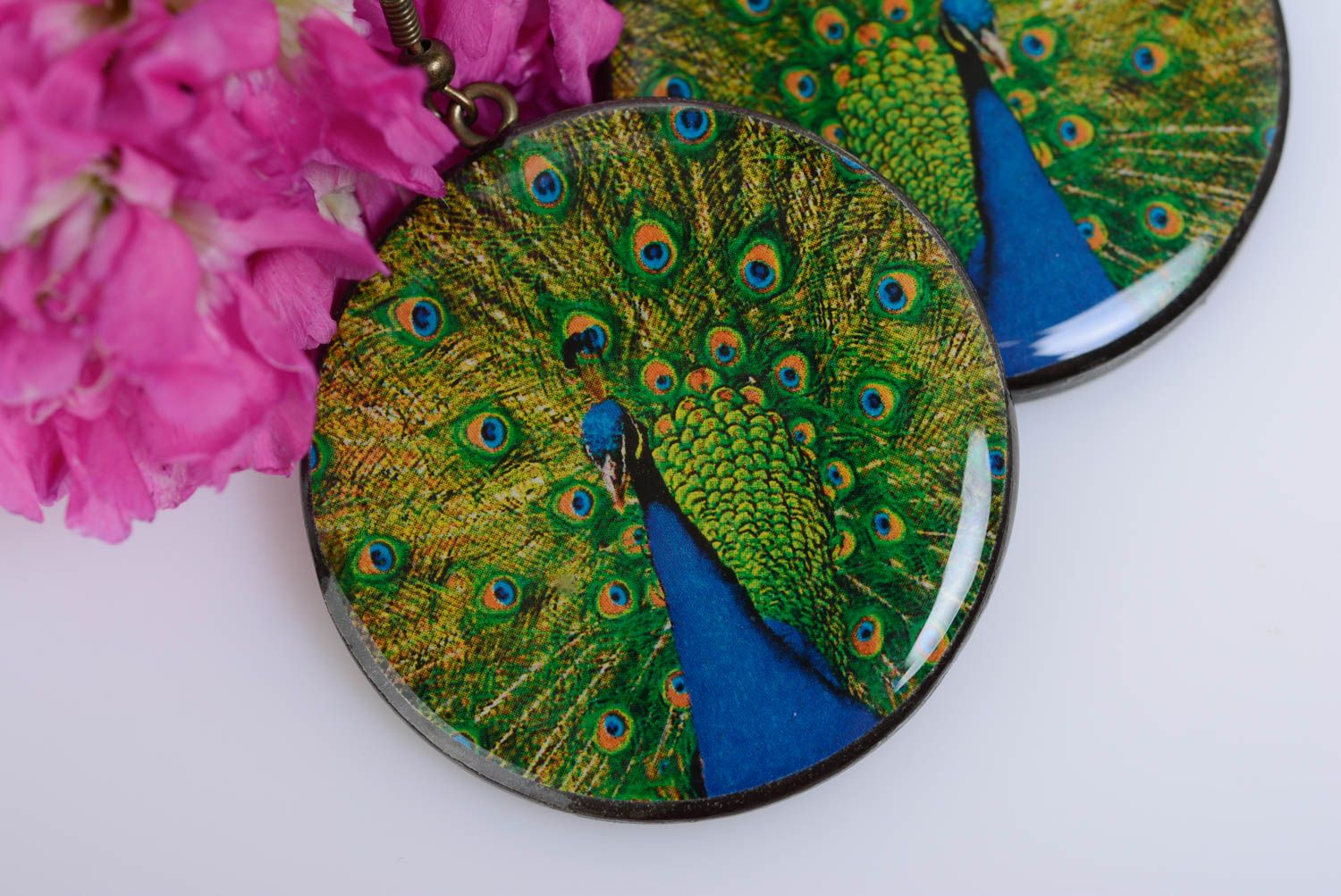 Beautiful handmade decoupage polymer clay round earrings with peacocks photo 2