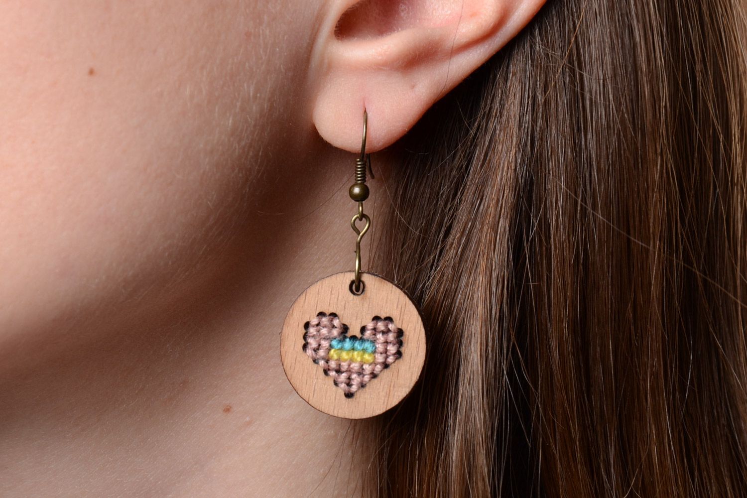 Handmade round plywood earrings with cross-stitch embroidery Pink Hearts photo 5