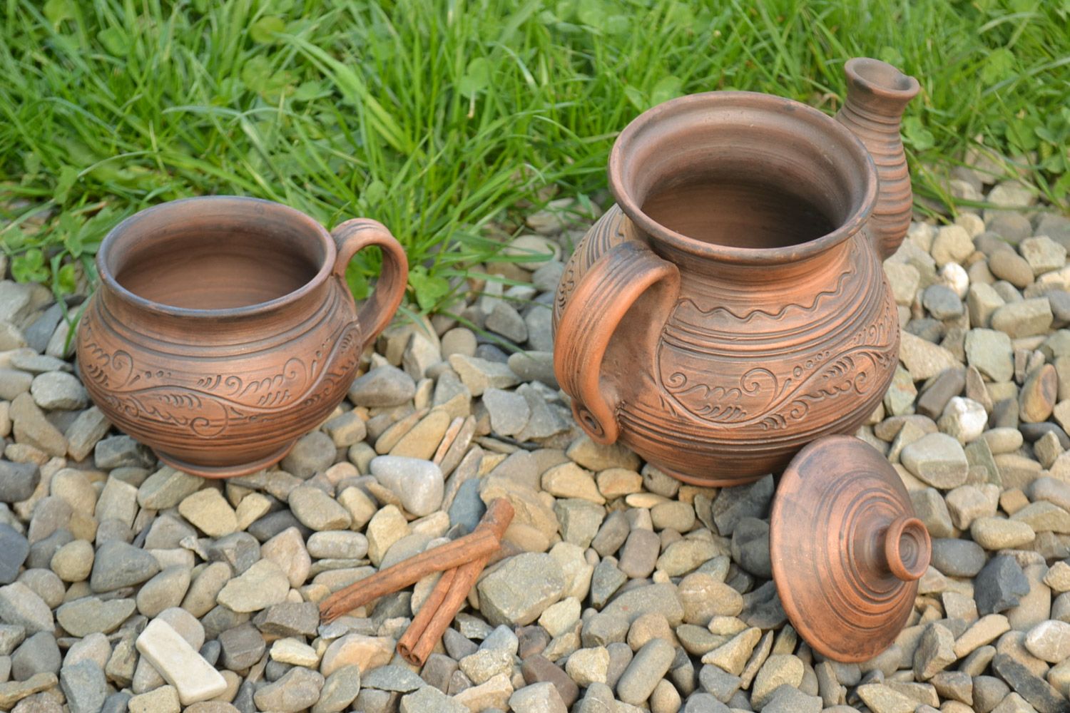 Ensemble de théière et tasse en céramique brun fait main 2 pièces 40 et 20 cl  photo 1