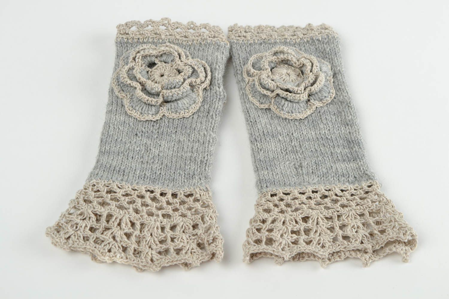 Mitaines tricot fait main Gants mitaines laine lin gris Accessoire femme photo 4