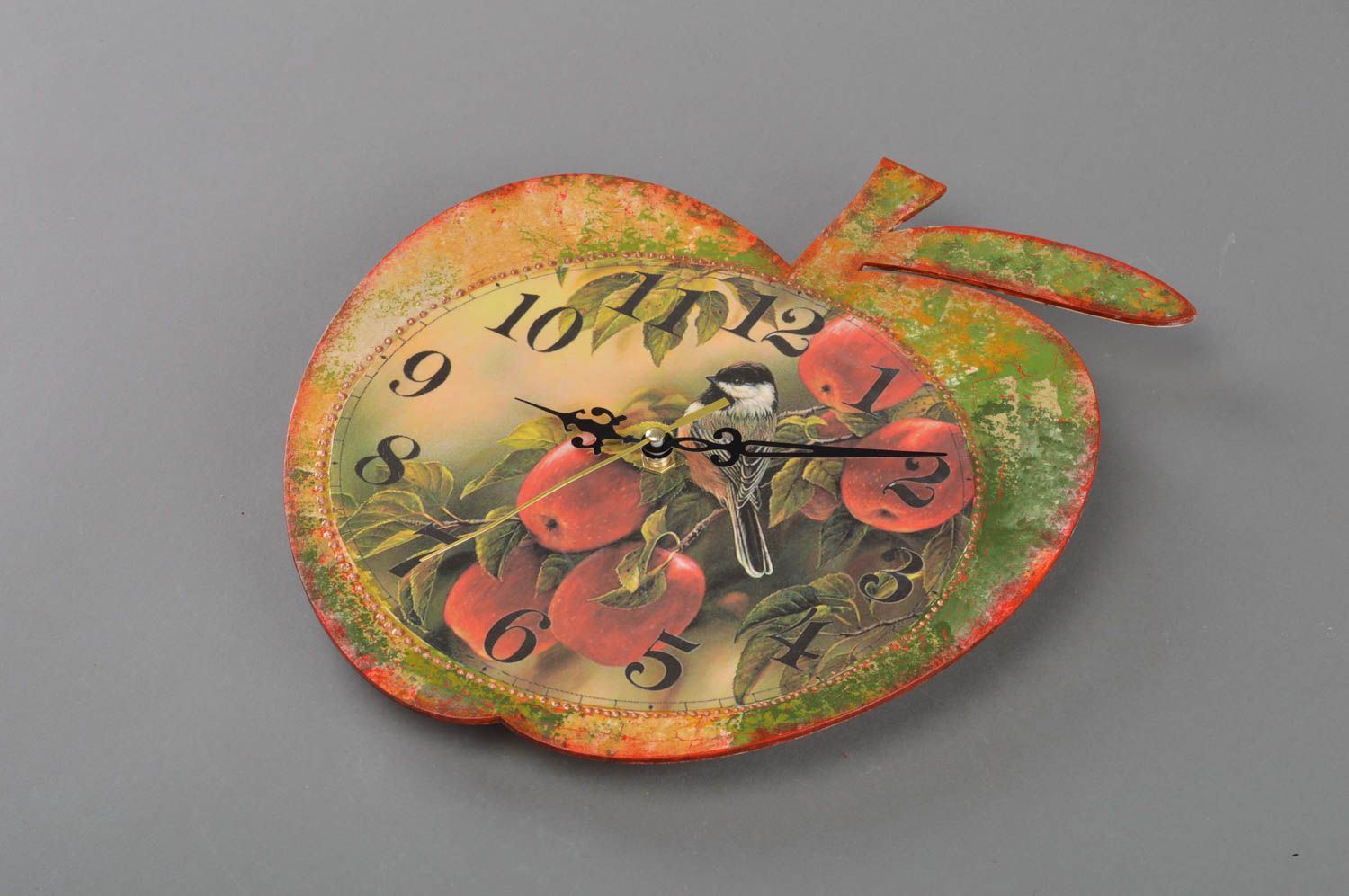 Handmade designer decorative decoupage plywood wall clock in the shape of apple photo 1