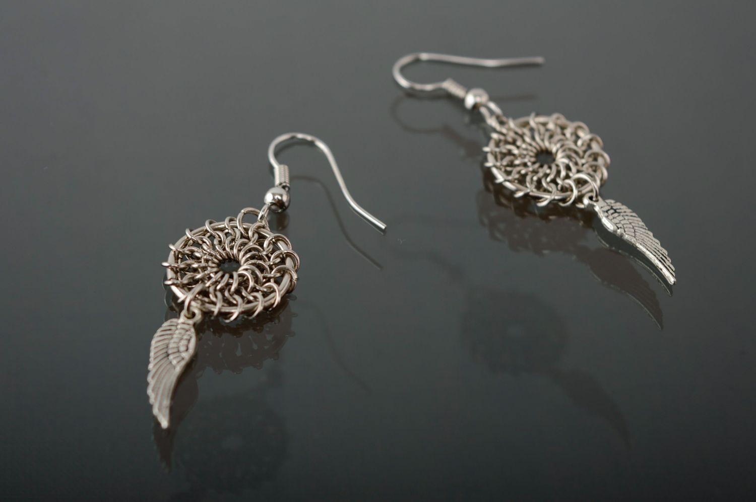 Handmade metal chainmaille earrings with pendant wings photo 1