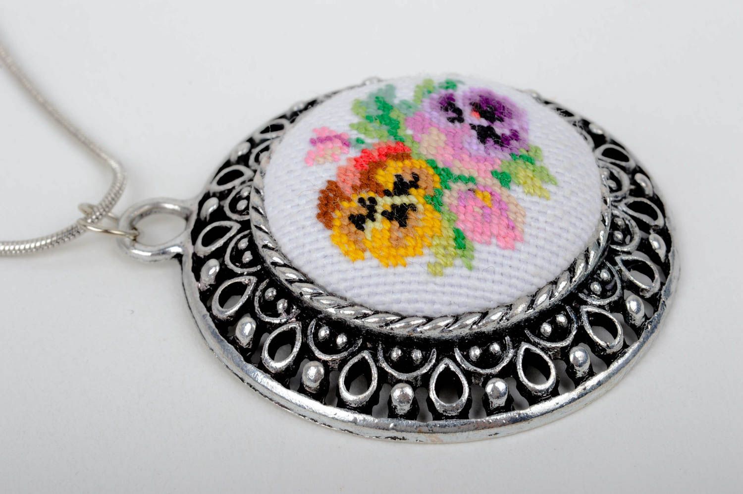 Handmade embroidered pendant unusual elegant jewelry unique accessory photo 4