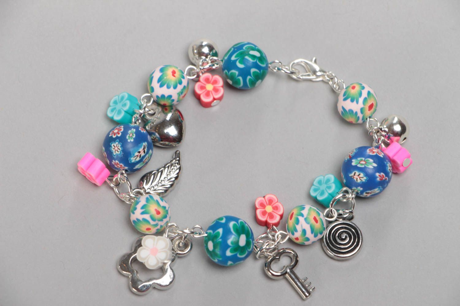 Charm bracelet for teen girls with blue and pink colorful beads photo 3