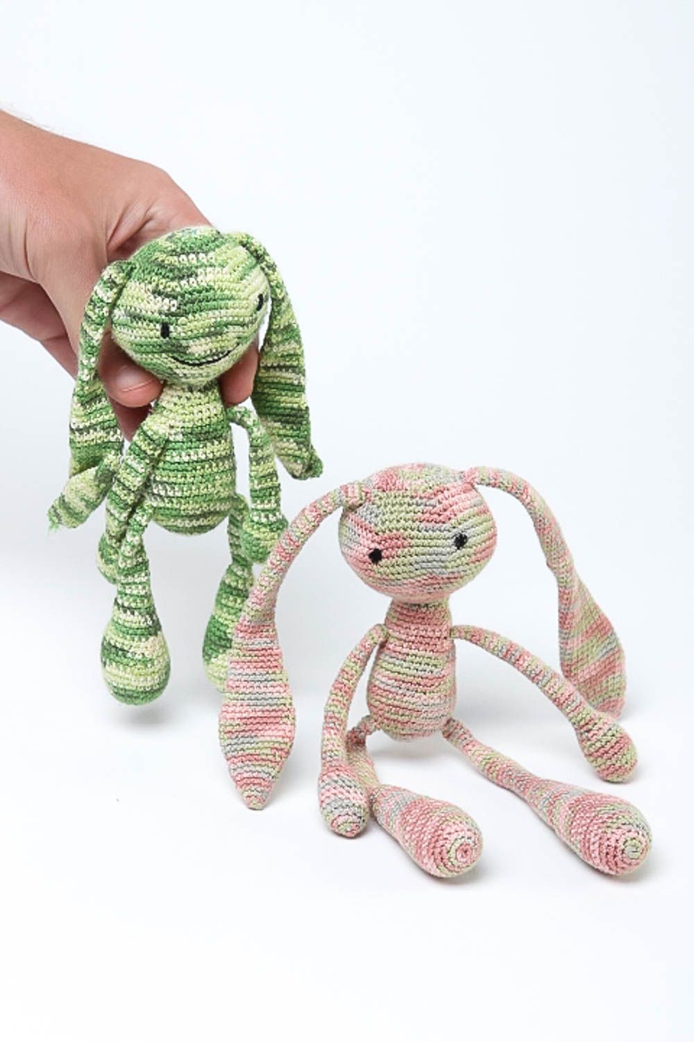 Handmade designer cute toys 2 stylish crocheted toys green lovely rabbits photo 5