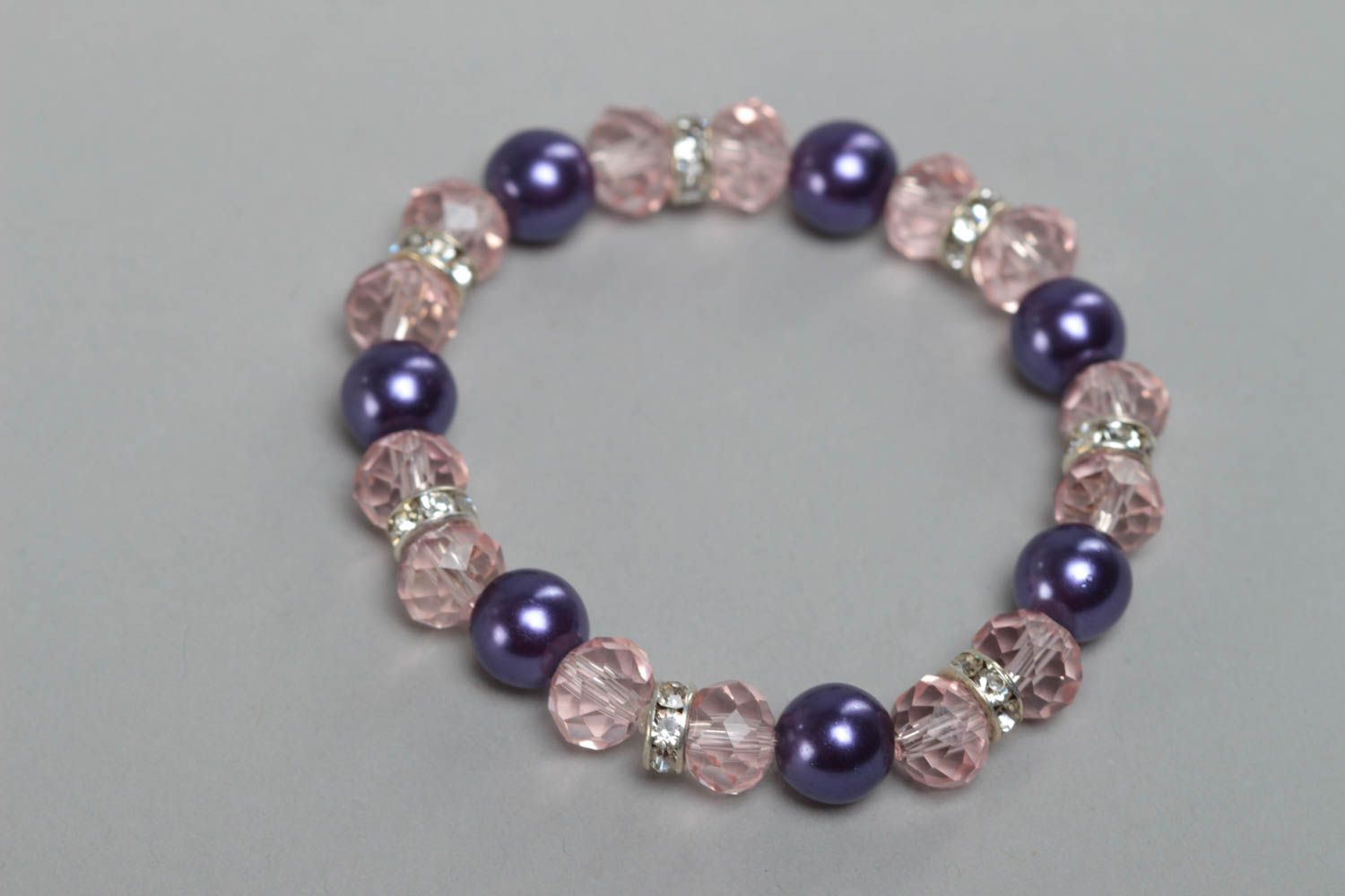Handmade children's pink wrist bracelet with crystal and ceramic beads photo 2