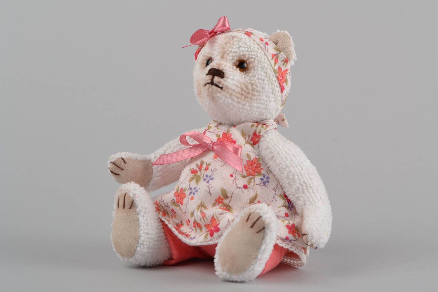 Handmade designer small fabric soft toy white bear in floral dress with headband photo 3