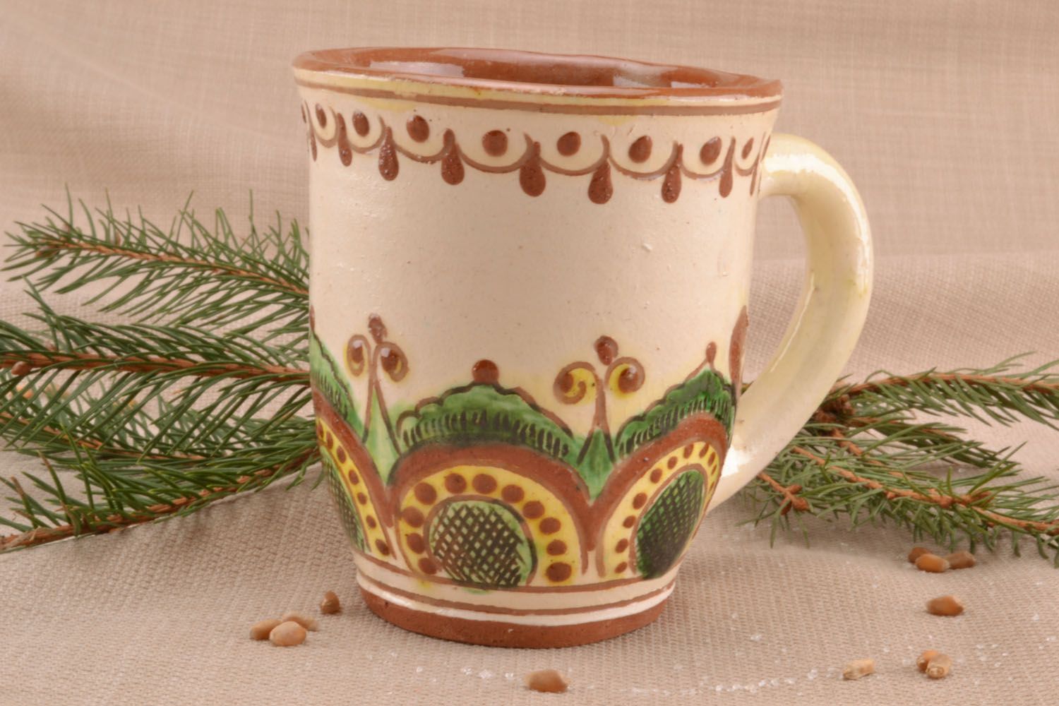 Clay white and green color tea cup with handle glazed inside photo 1