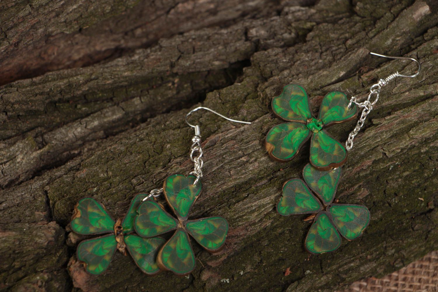 Earrings made of polymer clay in the form of long green butterflies hand made photo 1