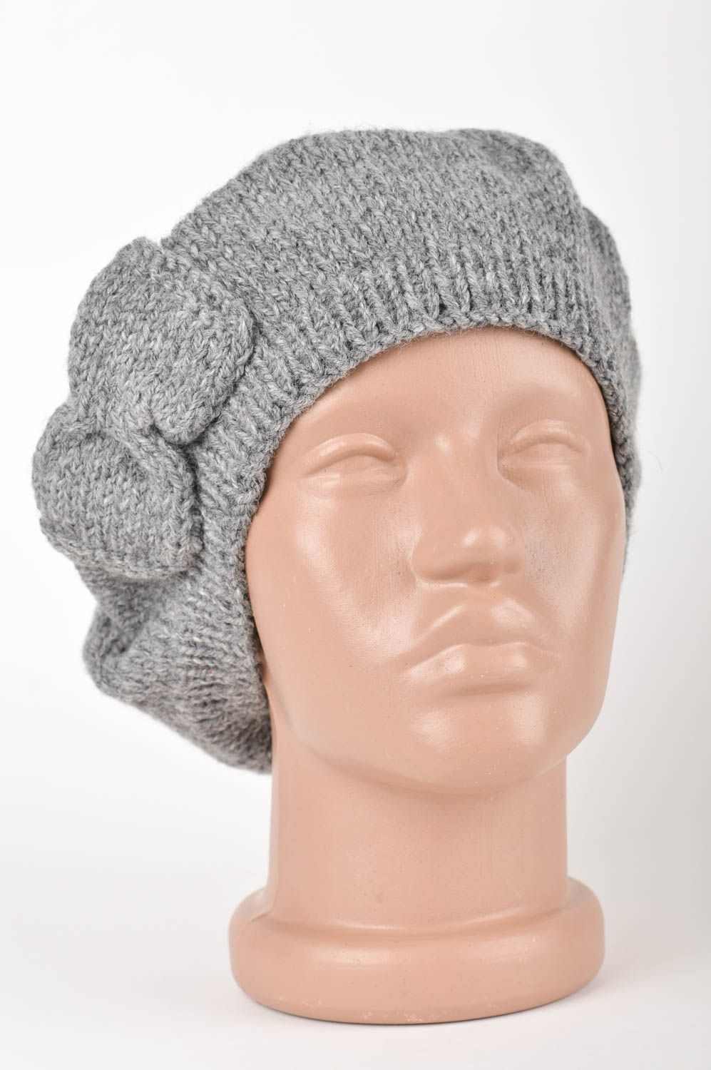 Handmade grey crocheted cap beautiful female beret elegant women headwear photo 1