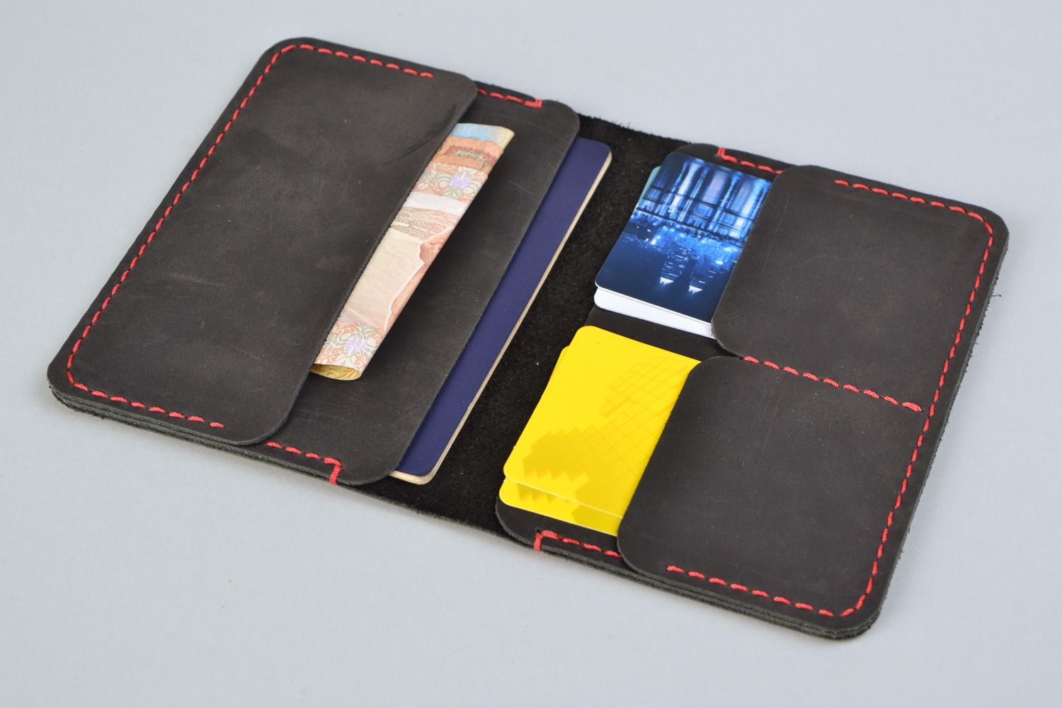 Handmade dark leather passport cover with pockets photo 4