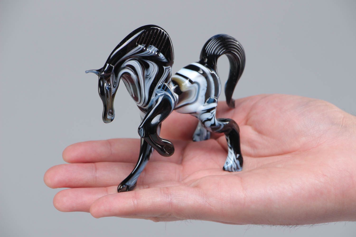 Handmade collectible lampwork glass miniature figurine of black and white horse photo 5