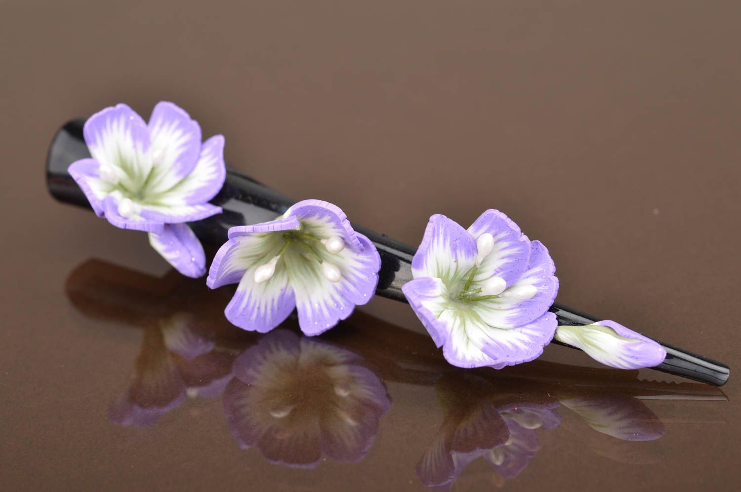 Large stylish unusual lilac hair clip with flowers made of polymer clay  photo 3