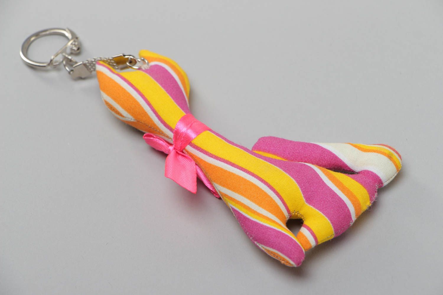 Handmade small plush animal keychain sewn of bright striped cotton fabric Cat photo 4